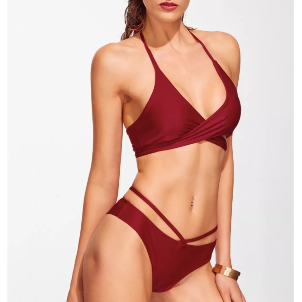 Strapy wrap red cheeky small triangle bikini